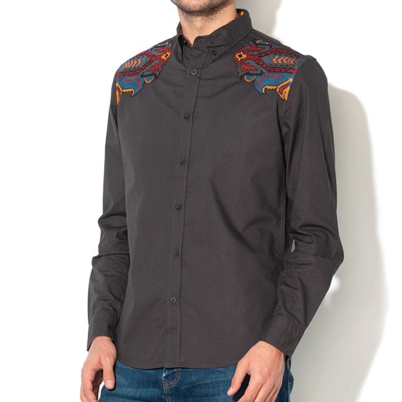 NWT - Desigual Men’s Embroidered Shoulder Long Sleeve Shirt - Size XL, XXL - Picture 2 of 11